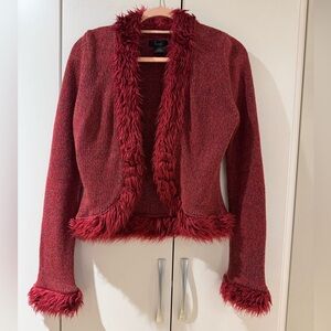 Fun Red Faux Fur Trimmed sweater